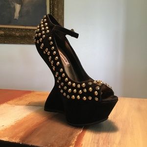 Black velvet gold spike wedges